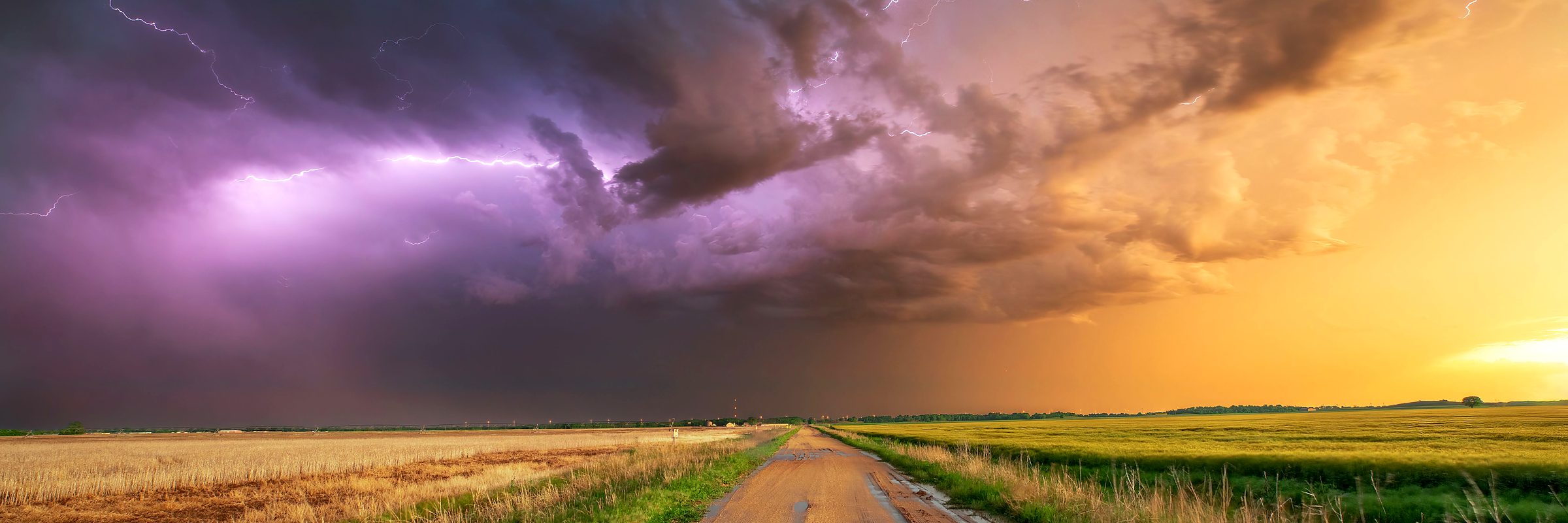 A storm breaking over an Oklahoma wheat field and a dirt section road