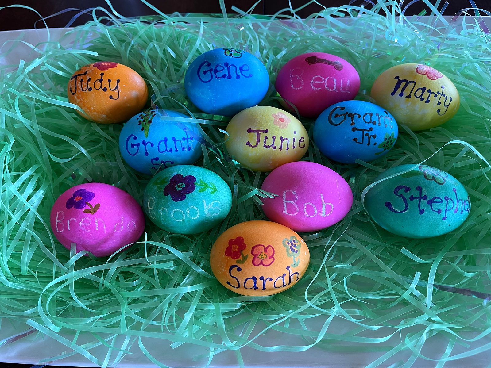 Easter eggs on the table, each one with a name on it, a photograph from Tamara Cain&rsquo;s own collection