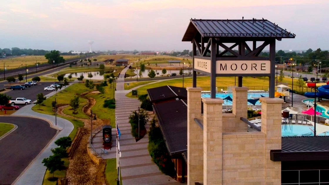 The Moore civic centre and park, the city's name on the tower
